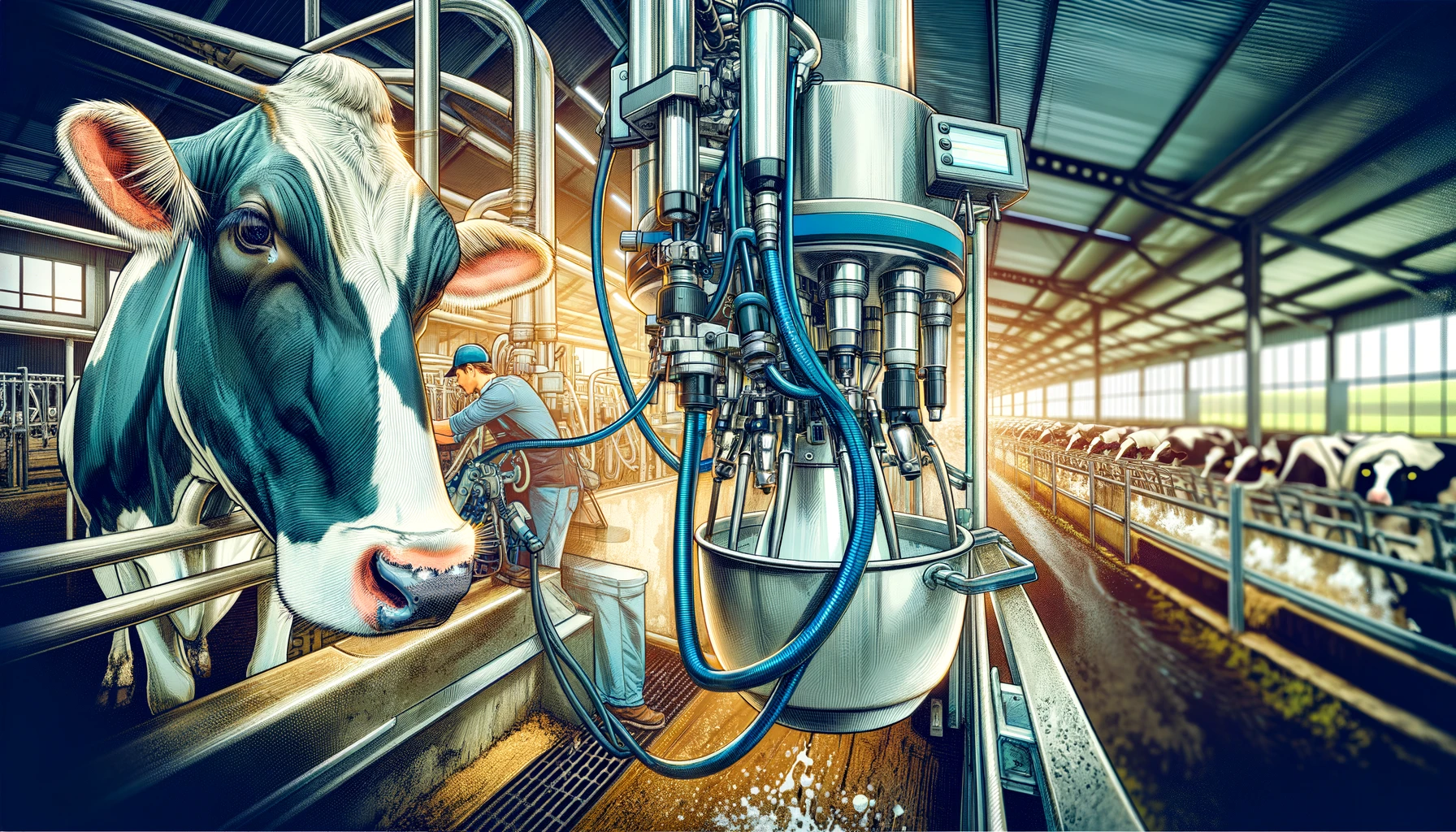 Dairy Farm Equipment - A vivid and detailed wide closeup illustration of farm equipment on a dairy farm, focusing on a milking machine in operation. The scene shows a dairy